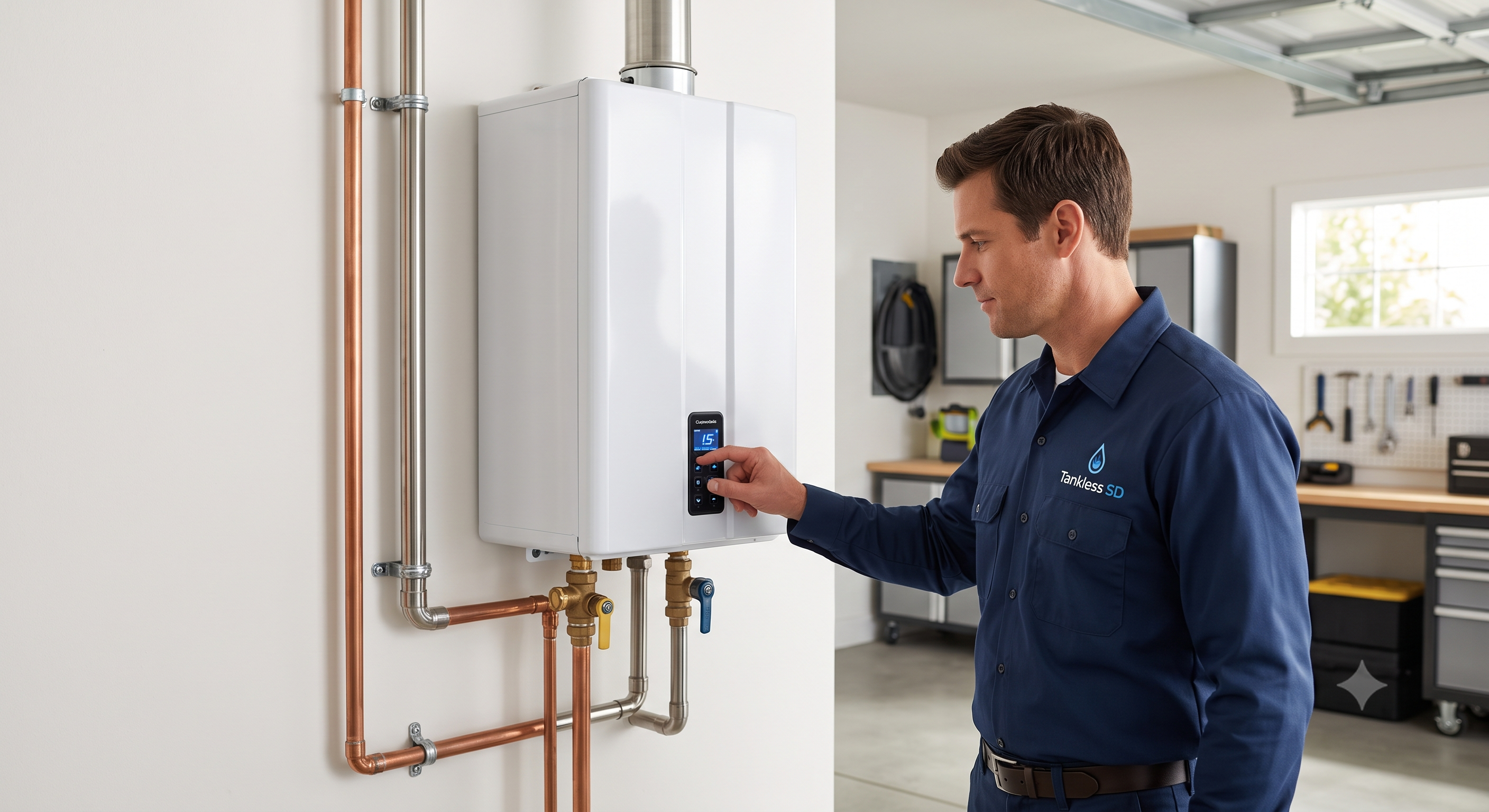 Professional tradesman working on a tankless water heater