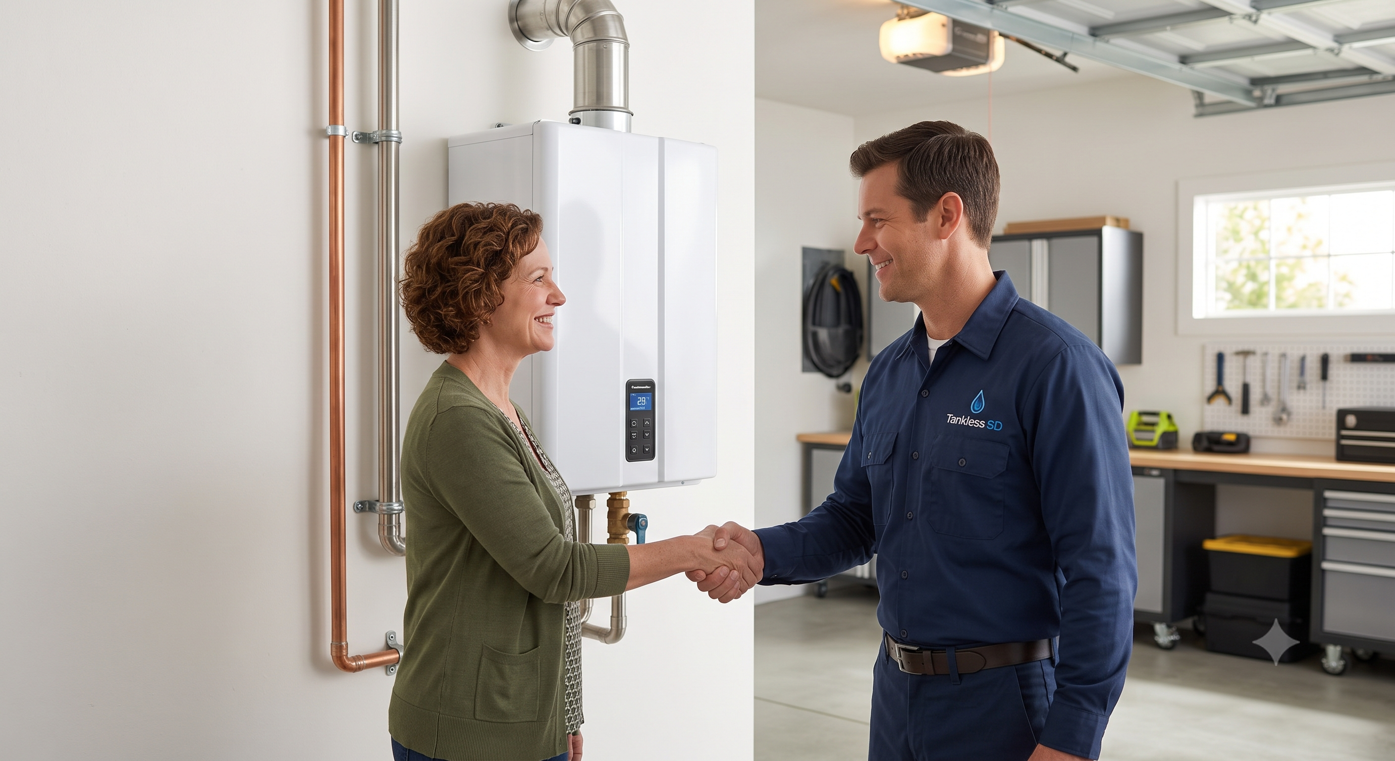 Tankless San Diego technician with customer